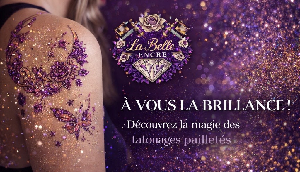 La Belle Encre avec un tatouage à paillettes.